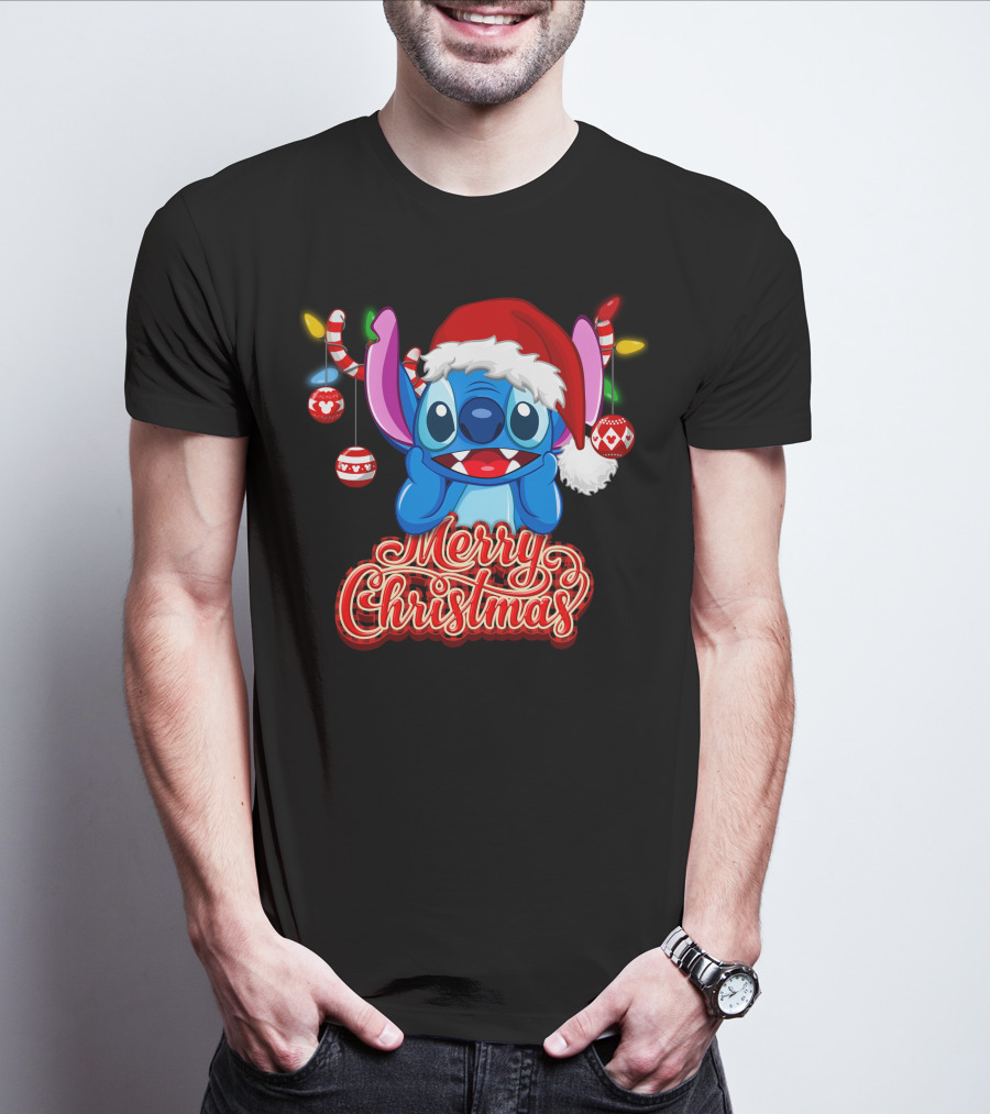 Merry Christmas Stitch Santa Hat Ornaments T-Shirt