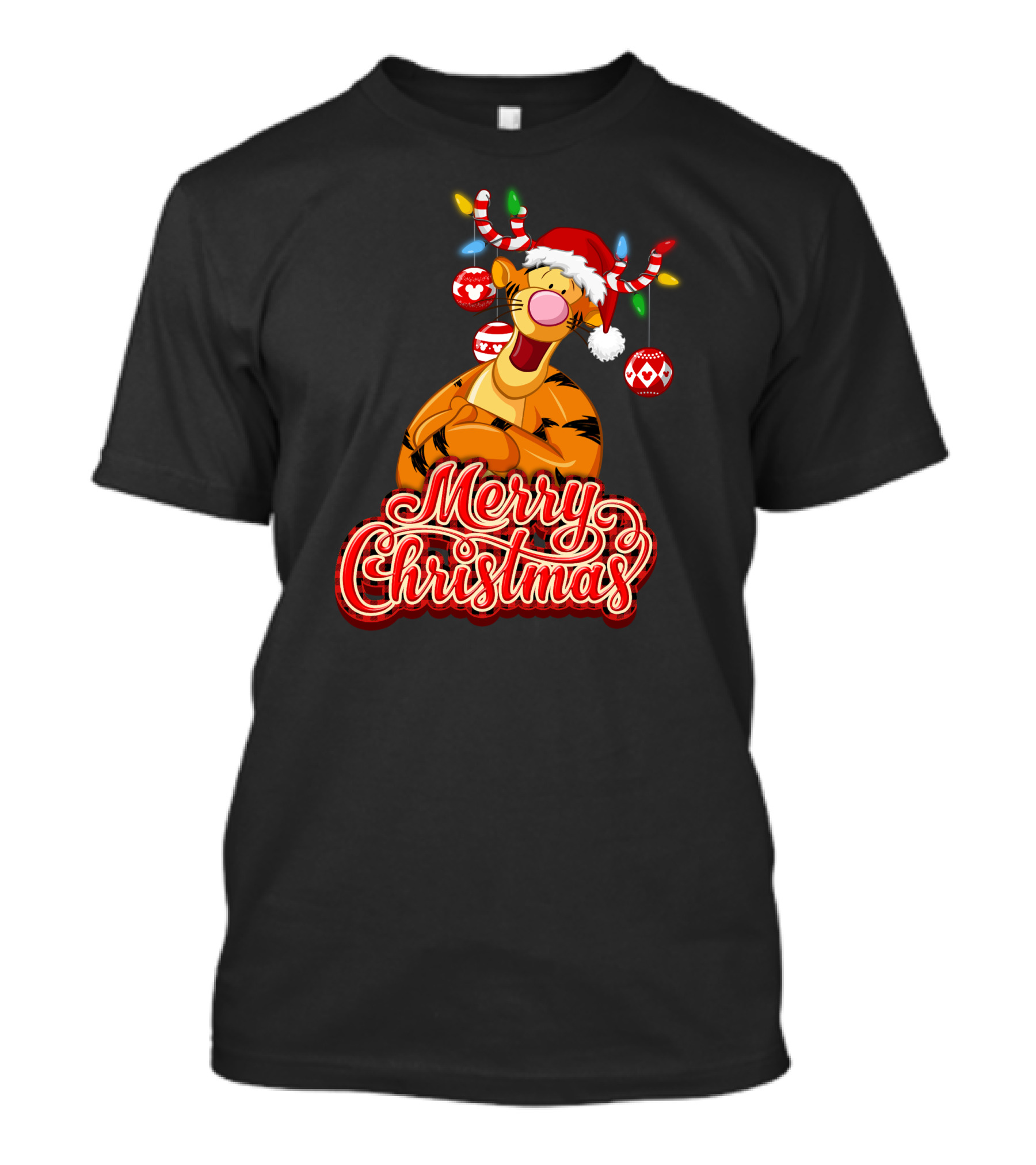 Merry Christmas Tigger Santa Hat Festive Lights And Ornaments T-Shirt