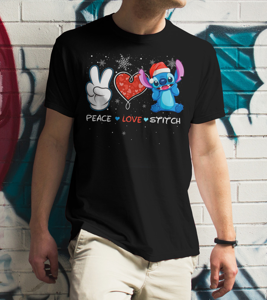 Peace Love Stitch Christmas Santa Hat T-Shirt