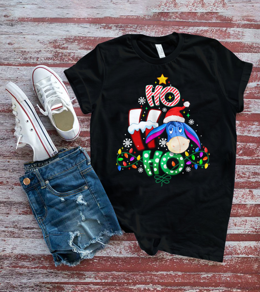 Ho Ho Ho Christmas Eeyore Santa Hat Lights Snowflakes T-Shirt