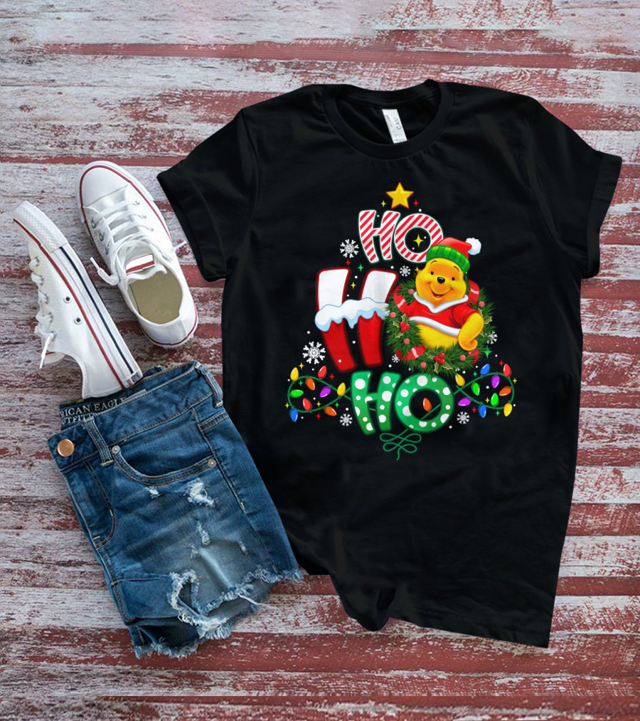 Ho Ho Ho Pooh Christmas Lights Snowflakes Wreath Santa Hat T-Shirt