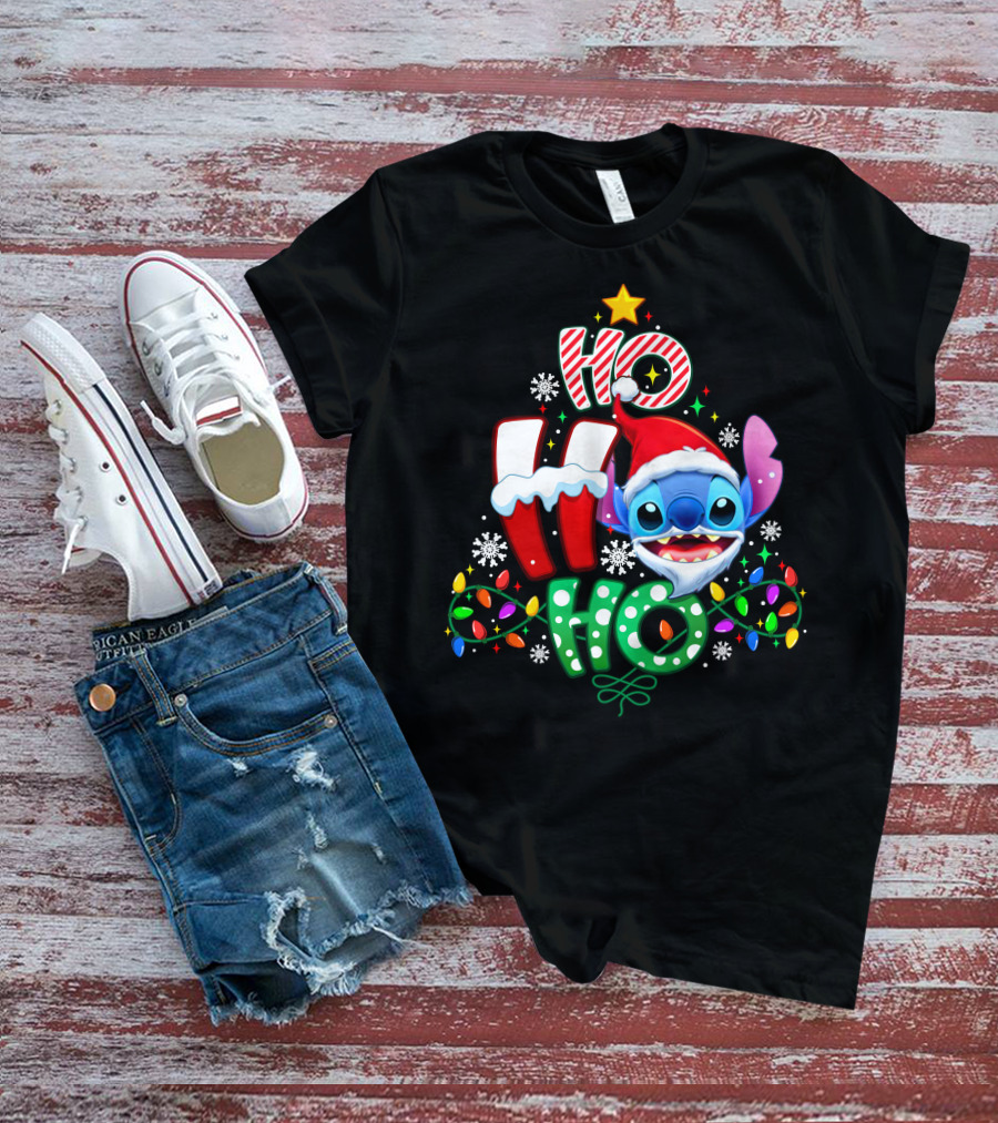 Stitch Ho Ho Ho Christmas Santa Hat Lights Snowflakes T-Shirt