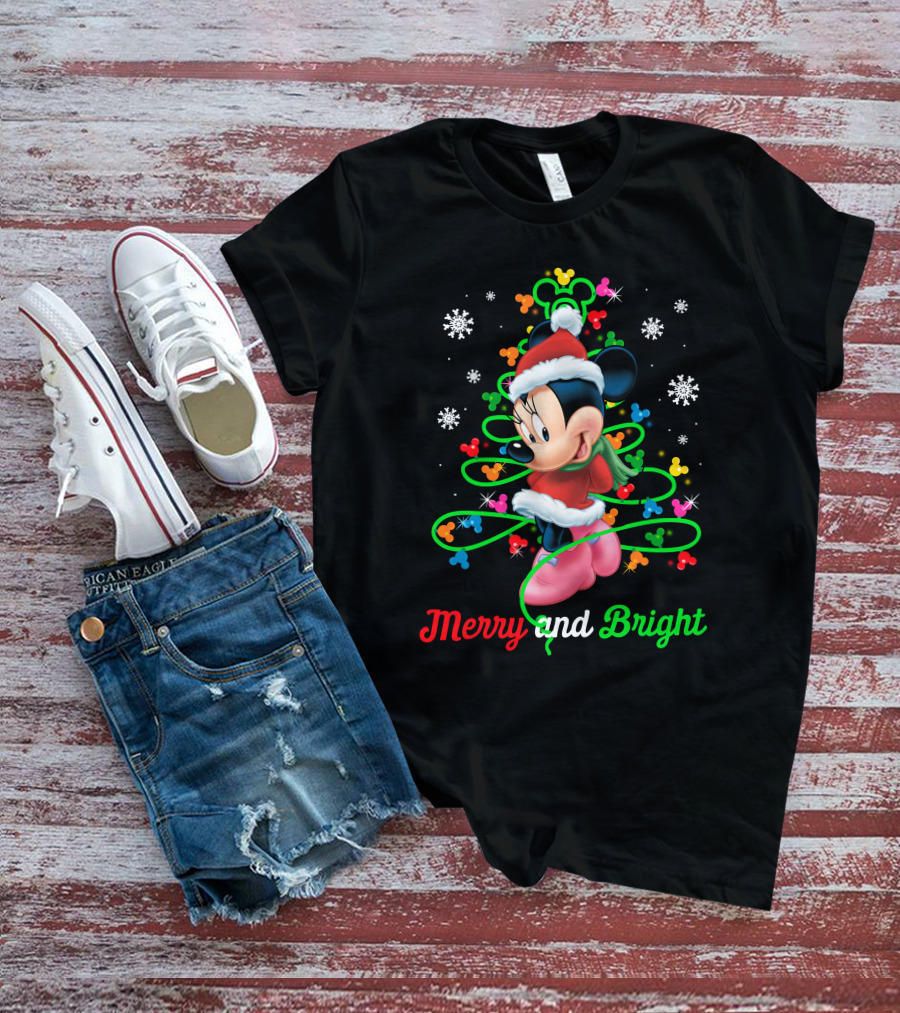 Merry And Bright Minnie Christmas Mickey Ears Holiday Snowflakes T-Shirt