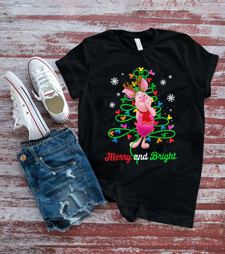 Merry And Bright Piglet Reindeer Christmas Tree Snowflakes T-Shirt