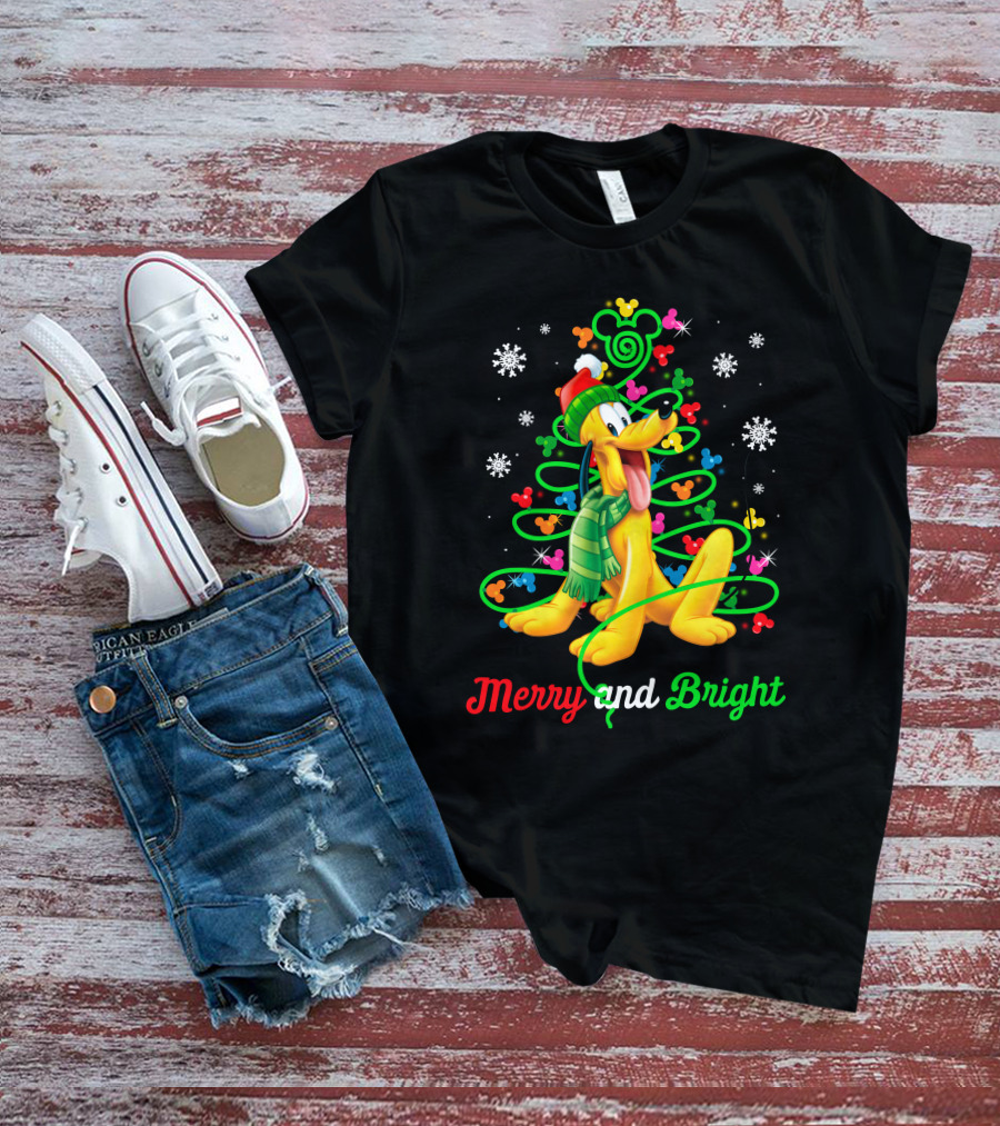 Pluto Merry And Bright Holiday Lights Mickey Snowflakes T-Shirt