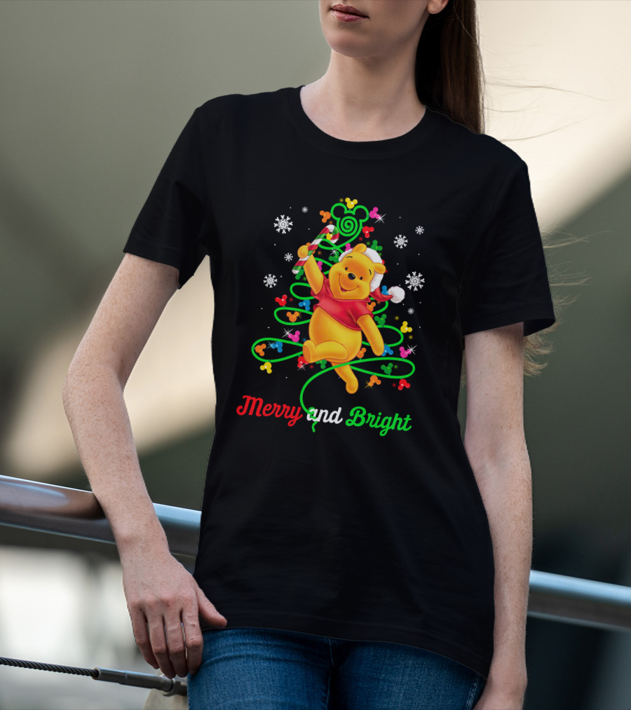 Merry And Bright Pooh Christmas Tree With Candy Cane And Mickey Mouse Ears T-Shirt
