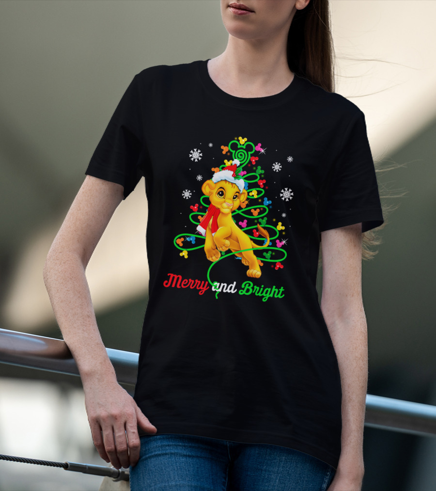 Merry And Bright Simba Christmas Snowflakes Santa Hat T-Shirt