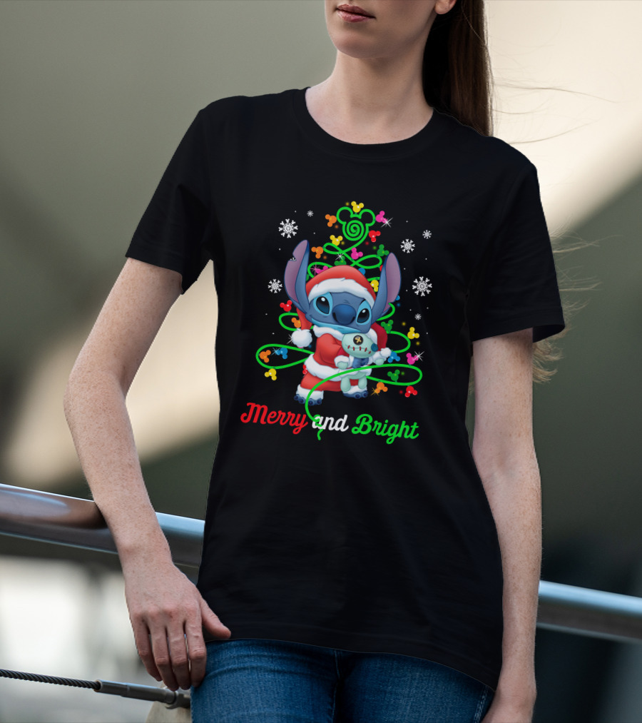 Merry And Bright Stitch Christmas Mickey Tree T-Shirt