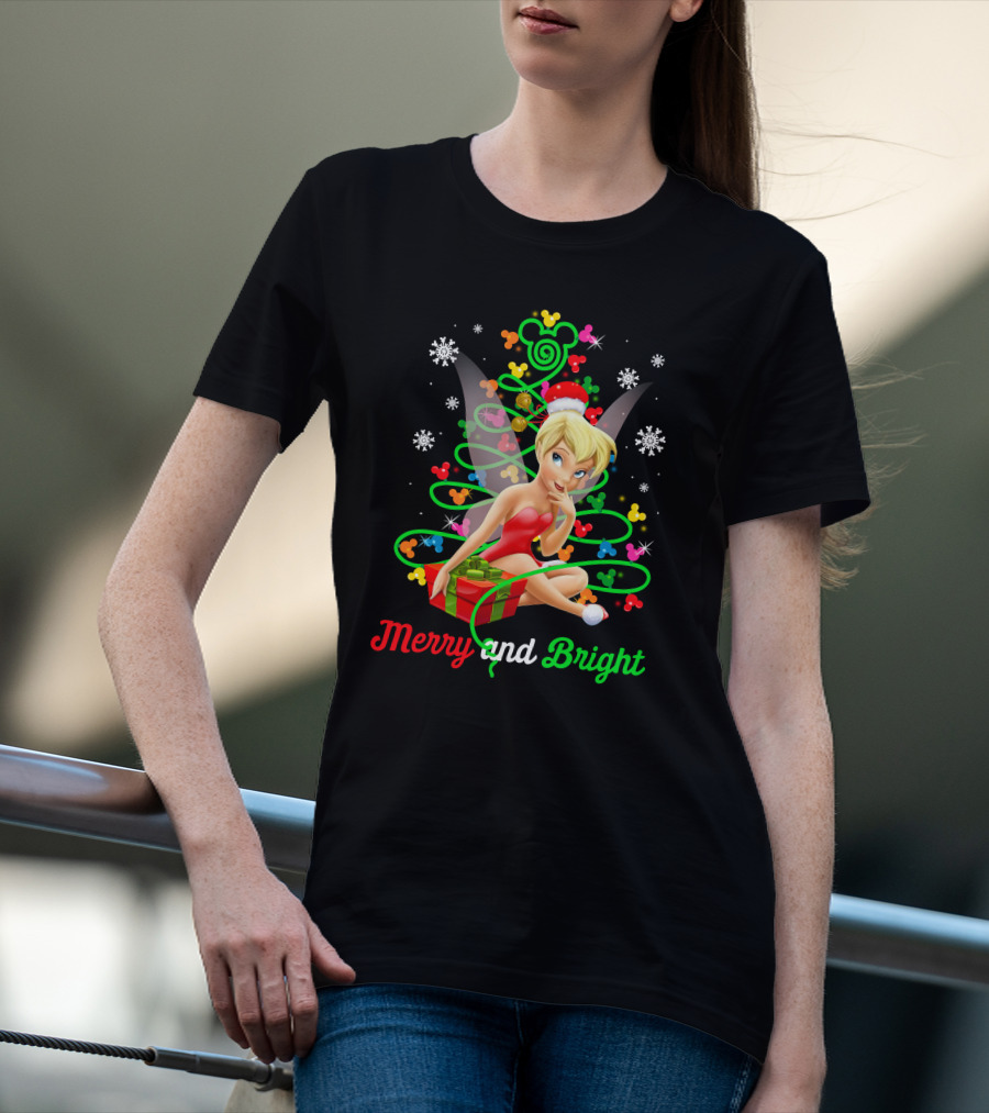 Merry And Bright Christmas Tinkerbell With Holiday Gift And Snowflakes T-Shirt