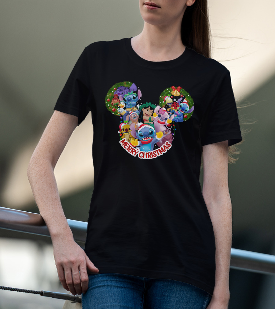 Merry Christmas Lilo And Stitch Disney Mickey Ears Wreath T-Shirt