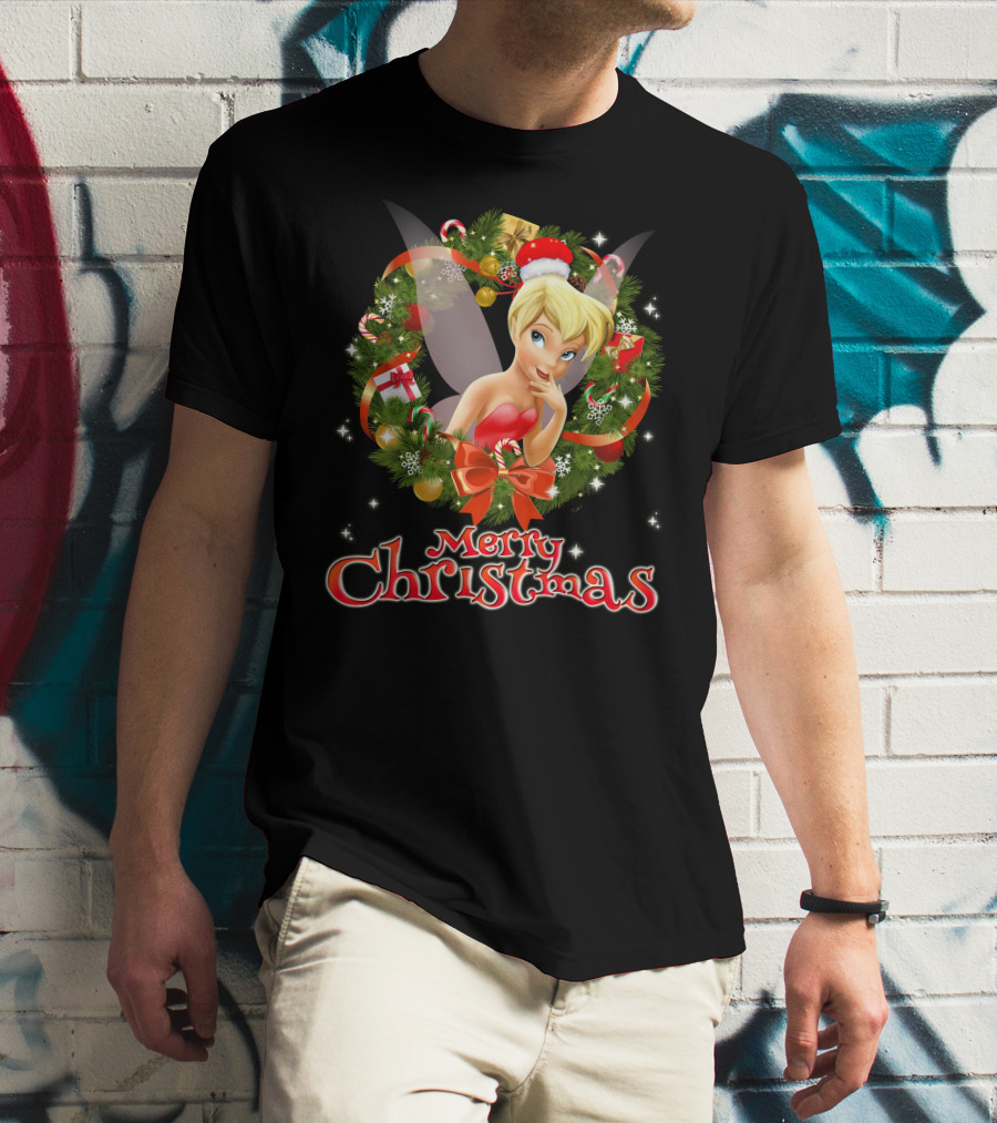 Merry Christmas Tinkerbell With Holiday Wreath T-Shirt