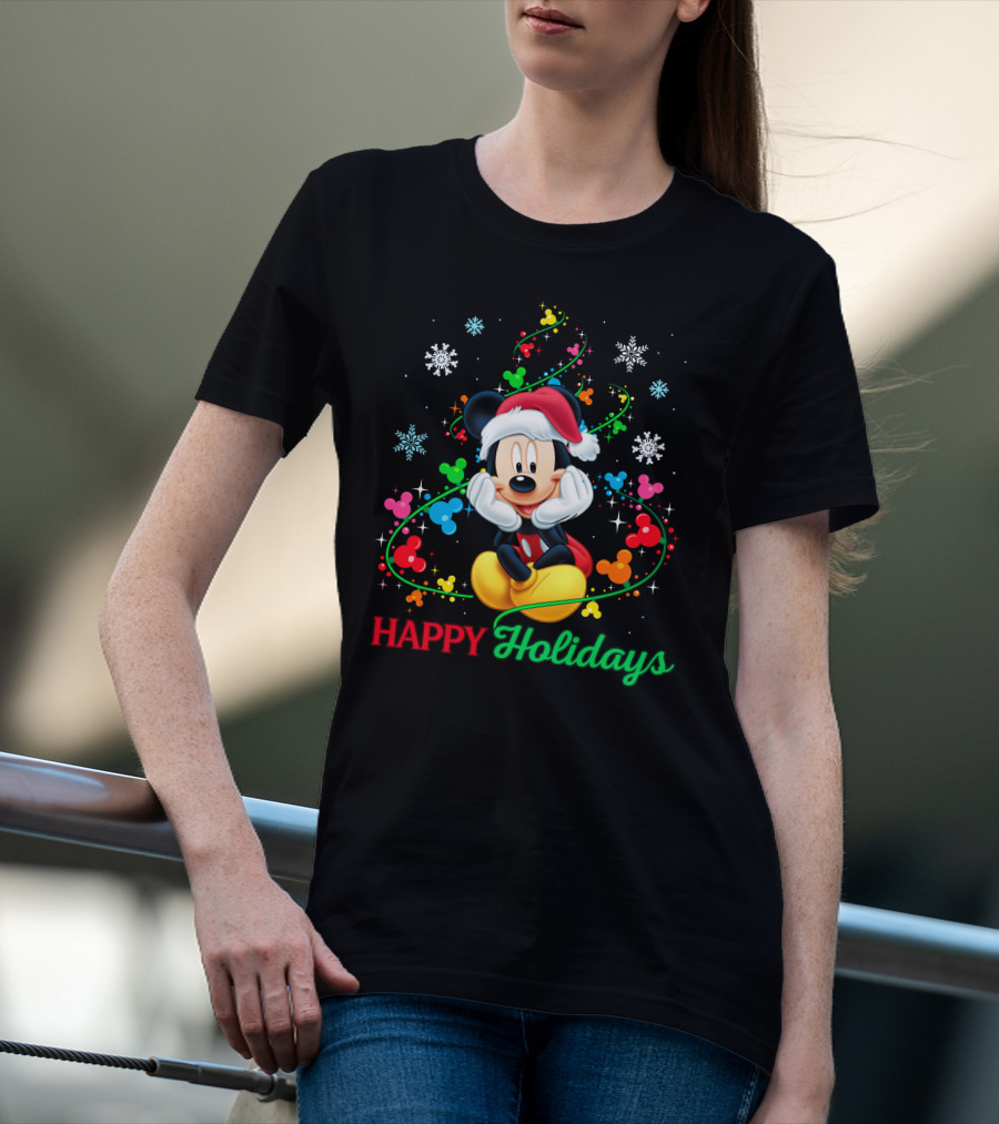 Mickey Happy Holidays Snowflakes Christmas Lights T-Shirt
