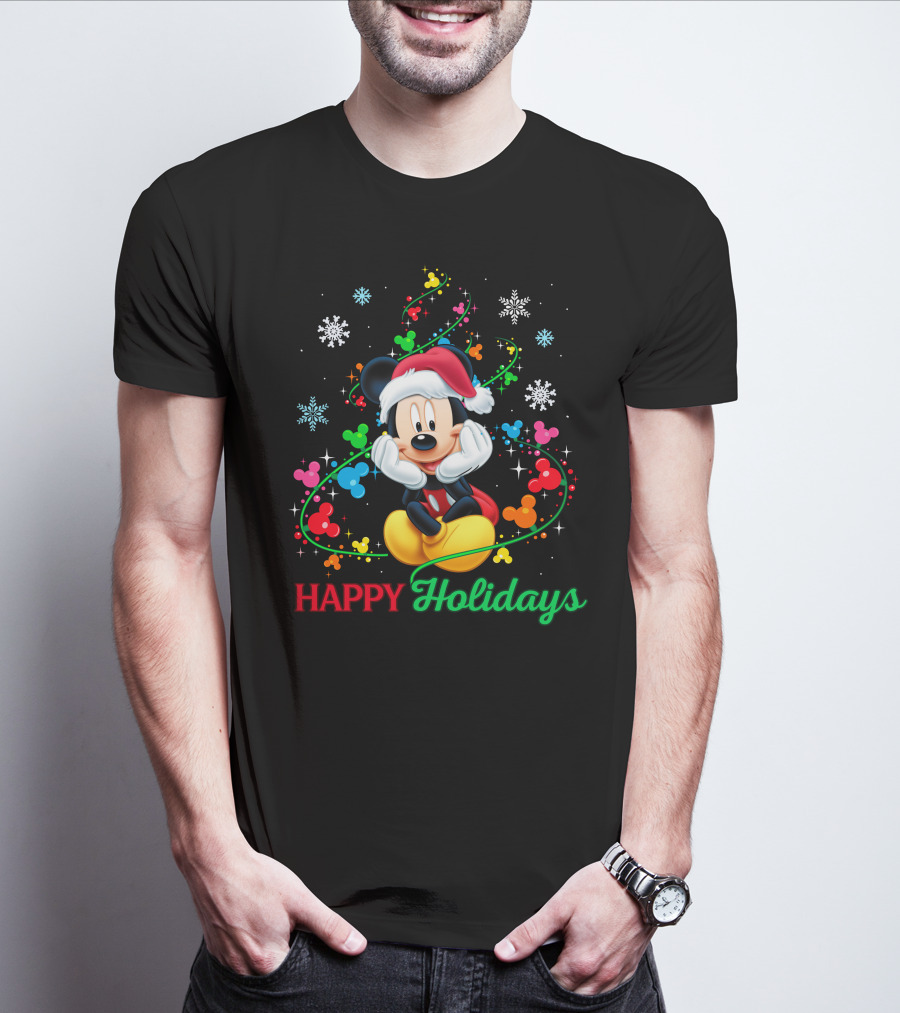 Mickey Happy Holidays Snowflakes Christmas Lights T-Shirt