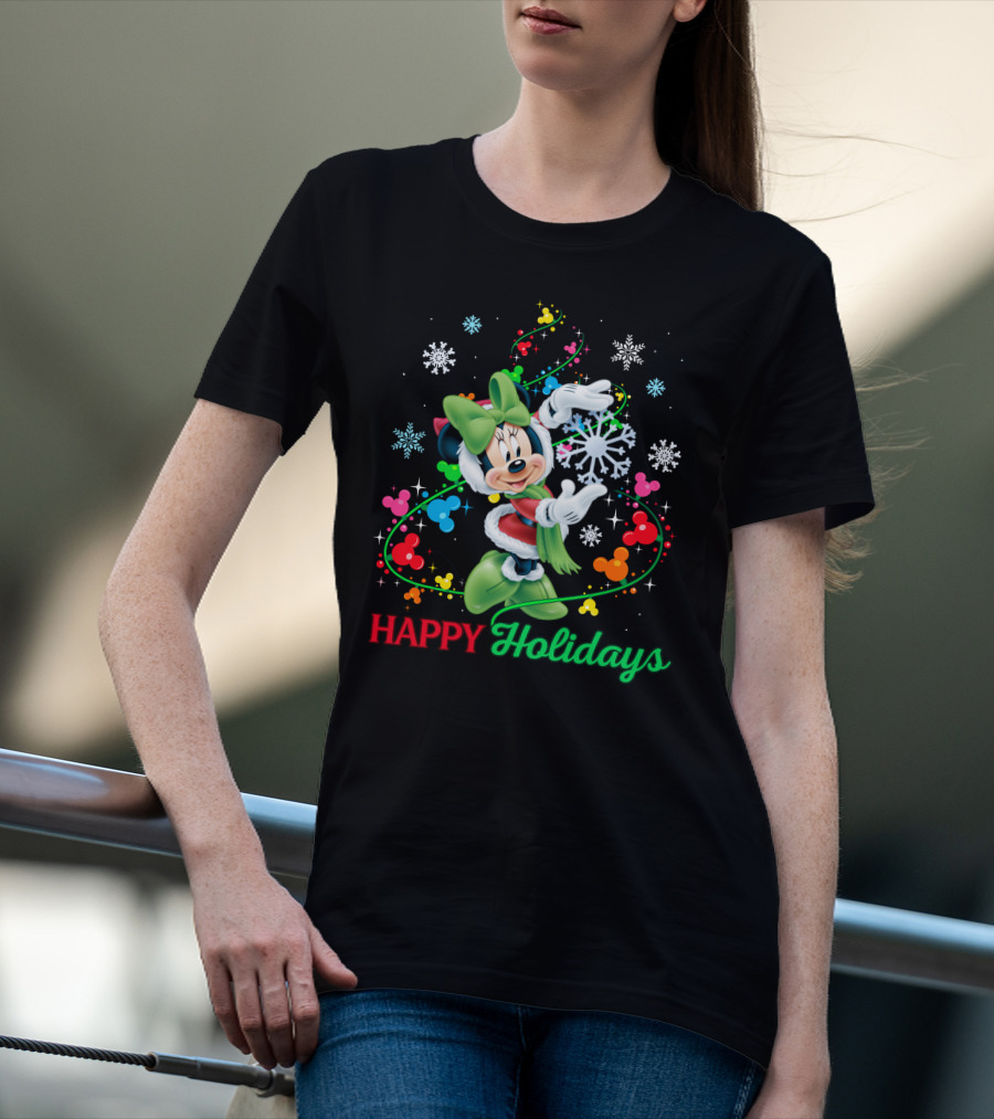 Happy Holidays Minnie Snowflakes And Colorful Mickey Icons T-Shirt