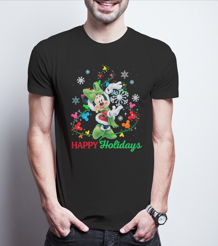 Happy Holidays Minnie Snowflakes And Colorful Mickey Icons T-Shirt