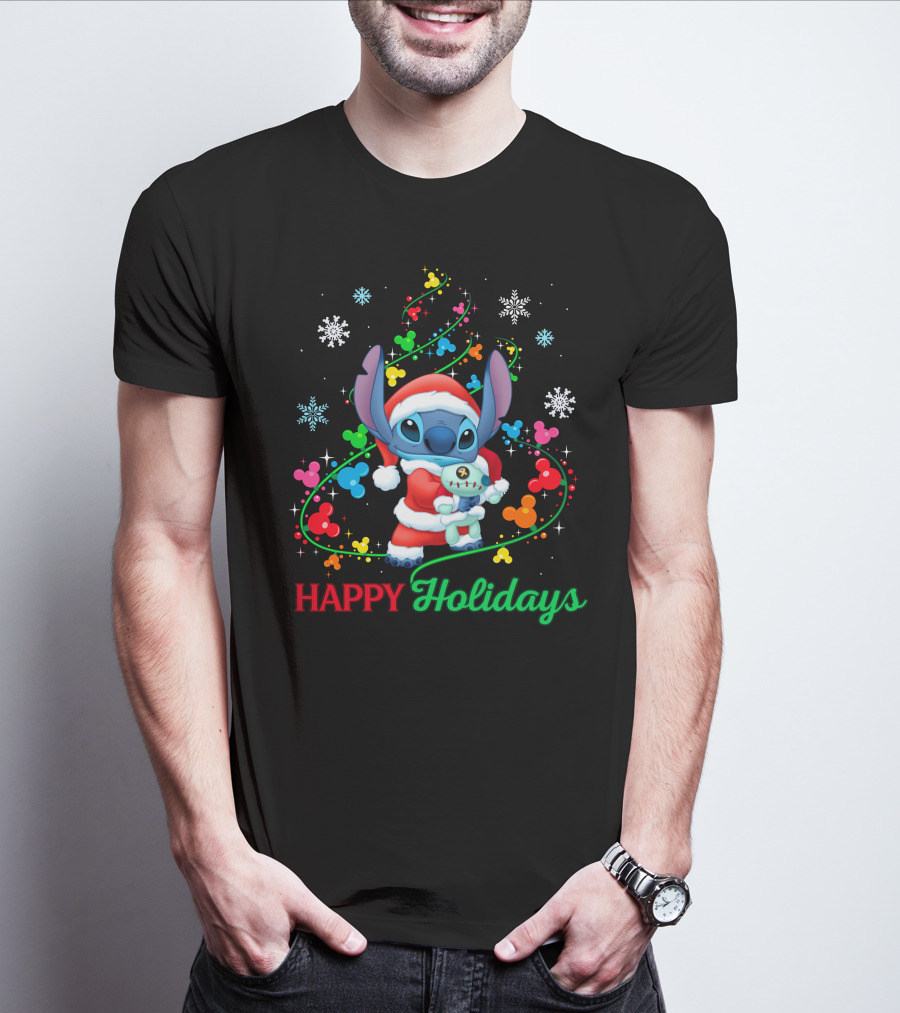Happy Holidays Stitch Santa With Snowflakes And Mickey Mouse Ears T-Shirt