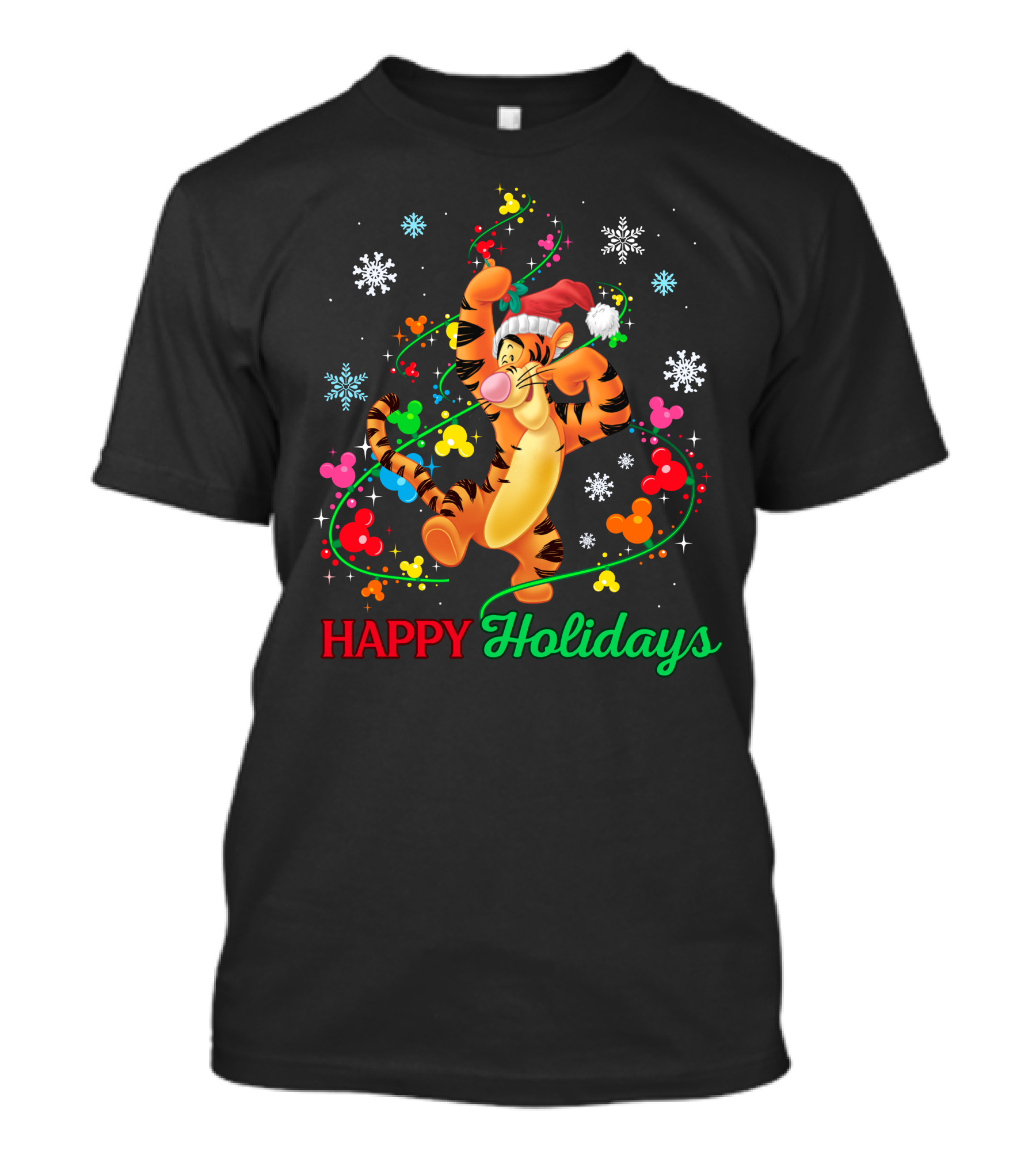 Tigger Happy Holidays Santa Hat Colorful Ornaments Mickey Mouse Ears Snowflakes T-Shirt