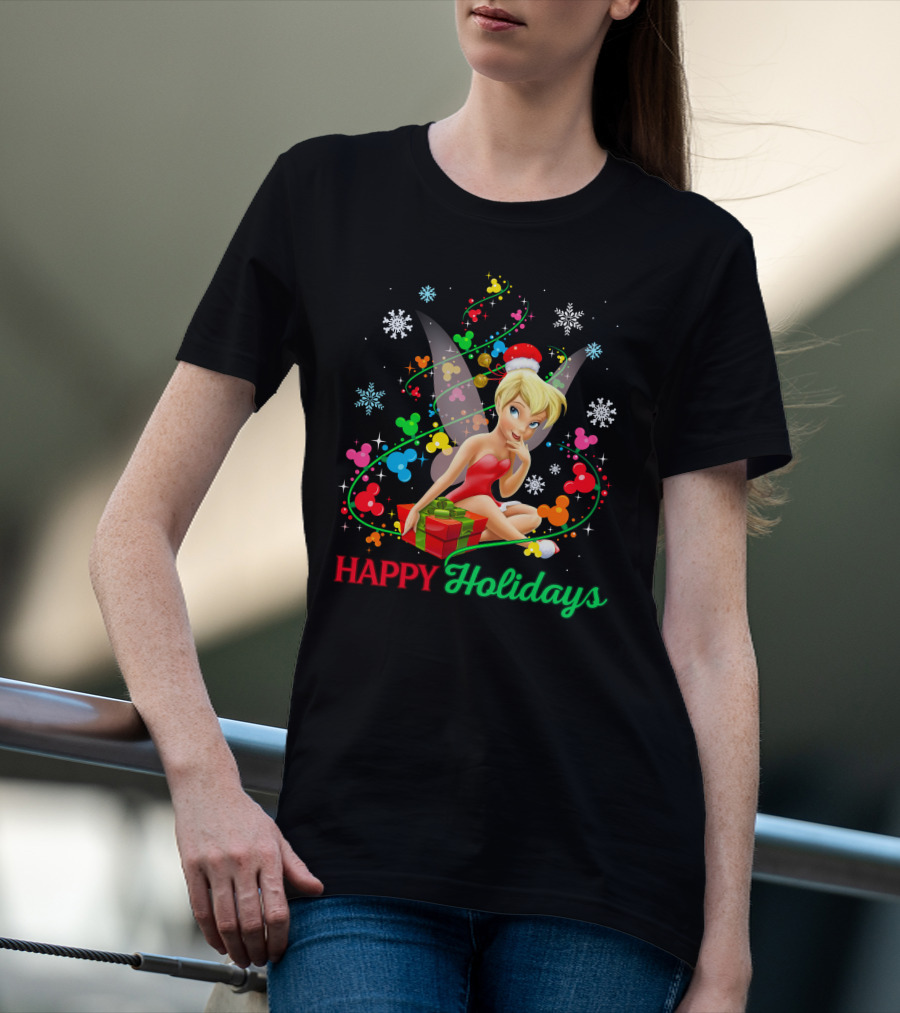 Happy Holidays Tinkerbell Santa Hat And Present T-Shirt