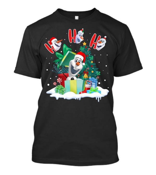 Olaf Christmas Santa Hat Presents Snowman Festive Holiday Tree Ho Ho Ho T-Shirt