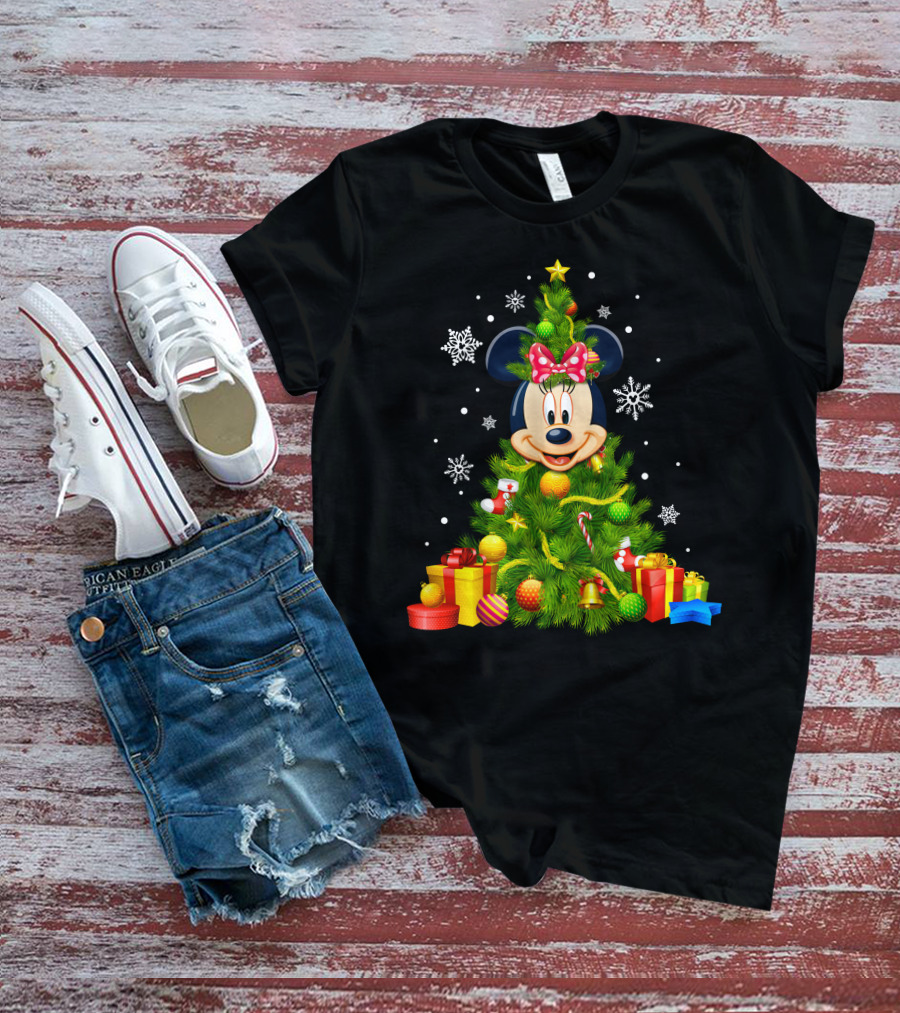 Minnie Mouse Christmas Tree With Gifts And Snowflakes T-Shirt