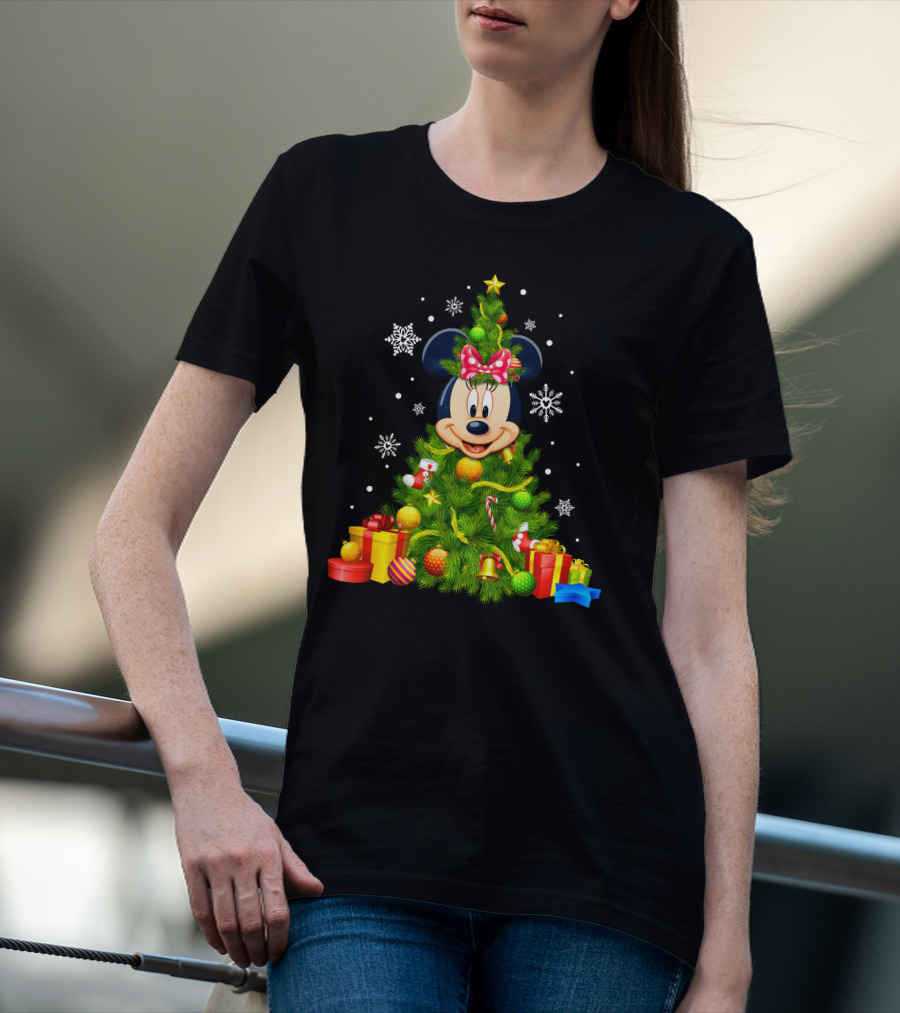 Minnie Mouse Christmas Tree With Gifts And Snowflakes T-Shirt