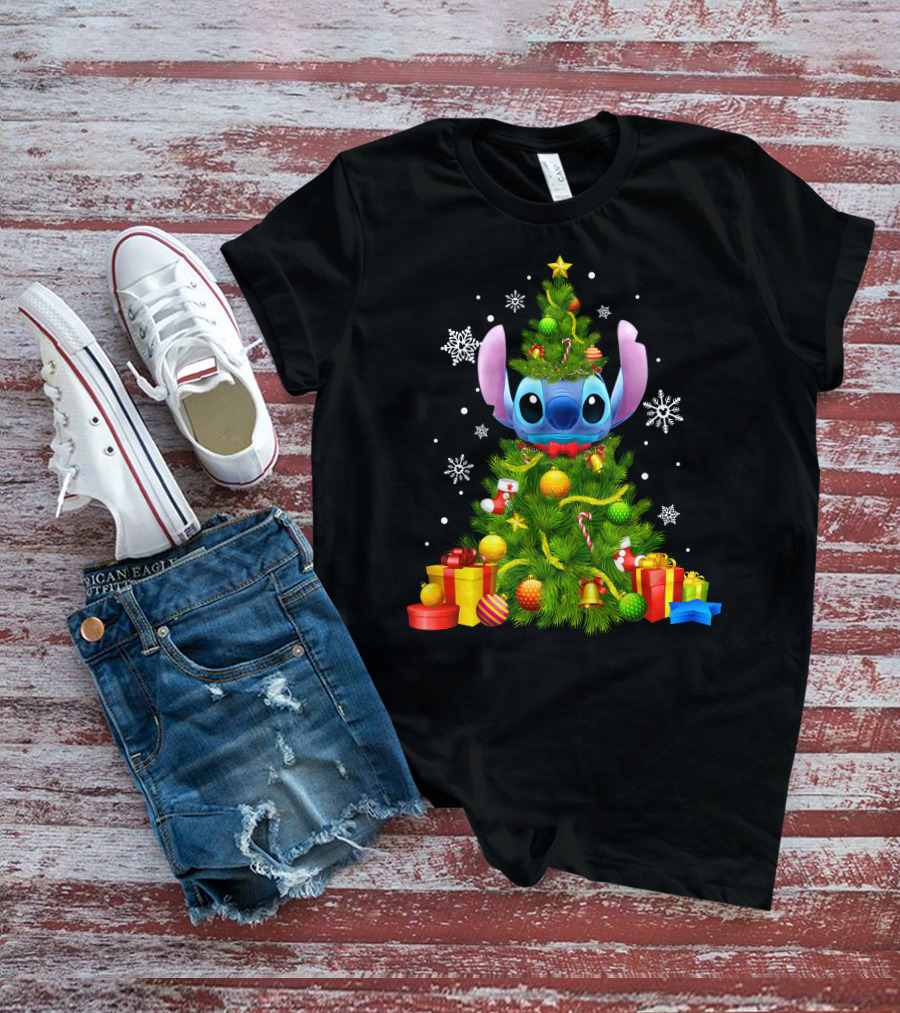Stitch Christmas Tree With Gifts And Snowflakes T-Shirt
