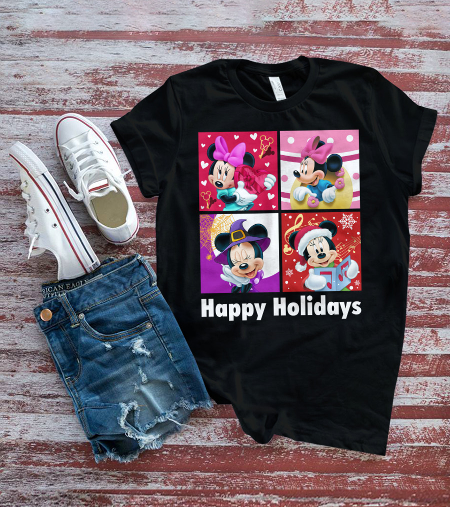 Minnie Happy Holidays With Hearts Bows Witch Hat Santa Hat And Gifts T-Shirt
