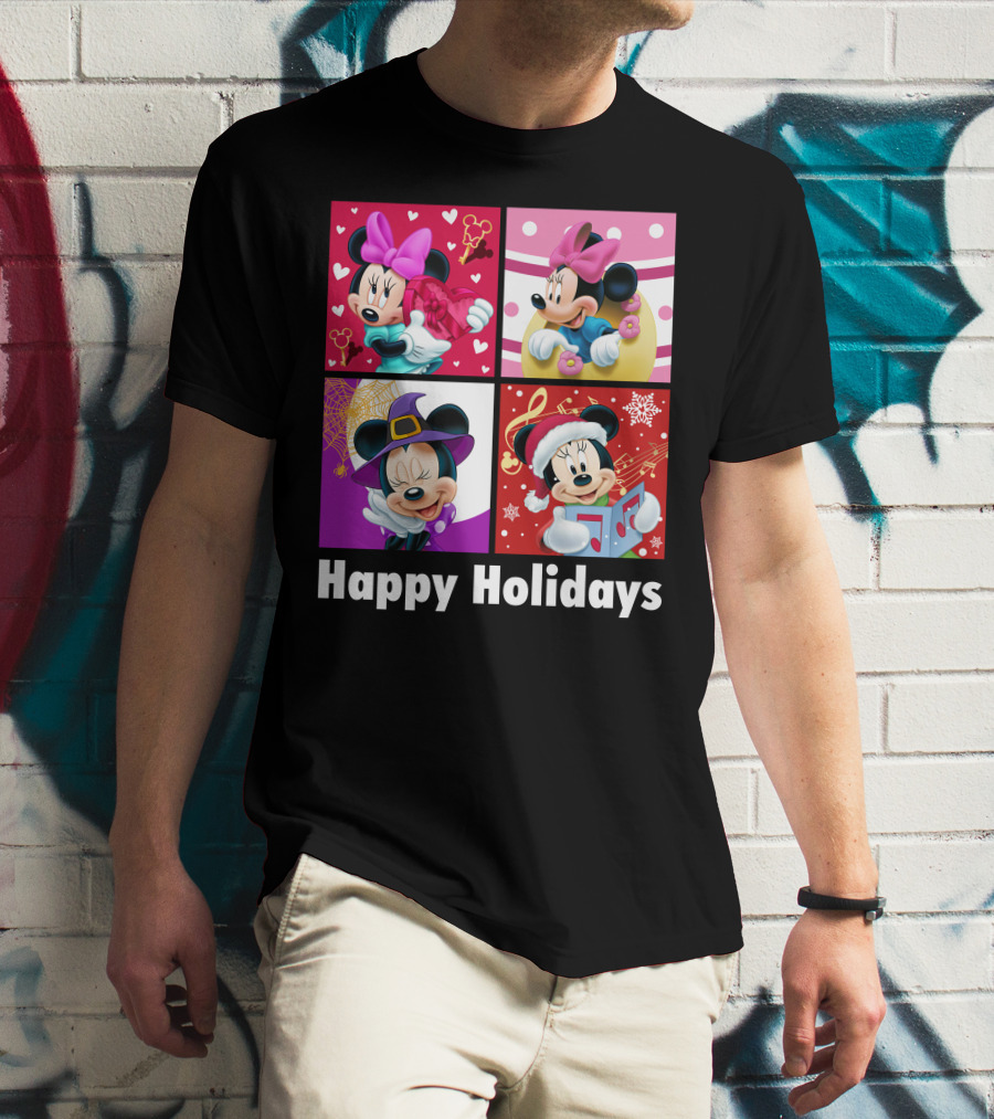 Minnie Happy Holidays With Hearts Bows Witch Hat Santa Hat And Gifts T-Shirt