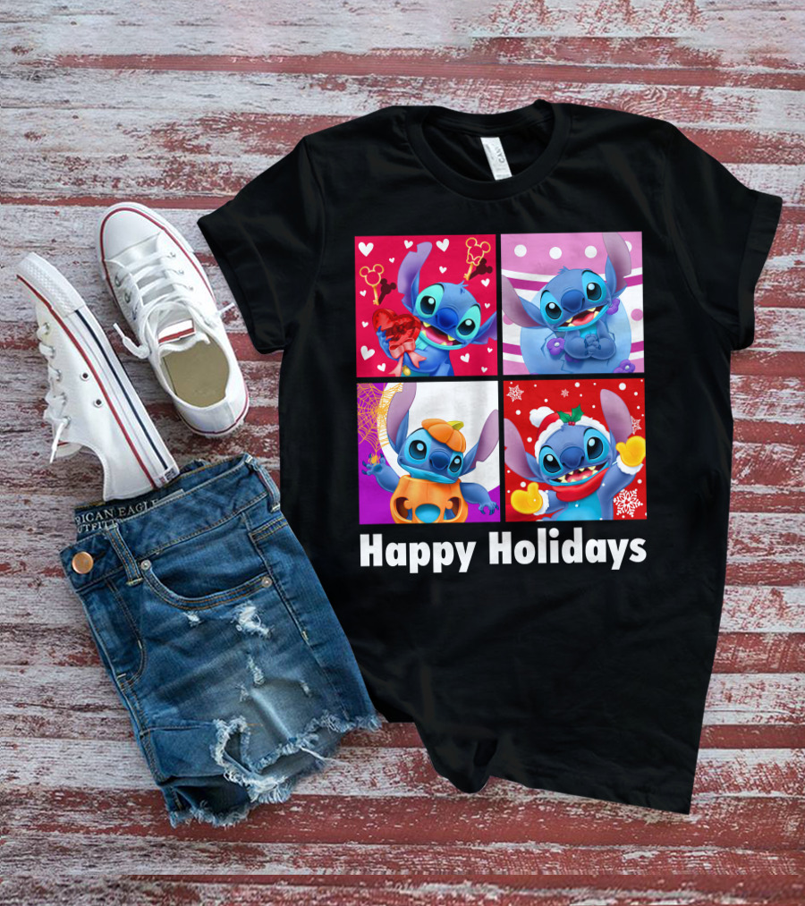 Happy Holidays Stitch Seasonal Mickey Hearts Christmas Pumpkin T-Shirt