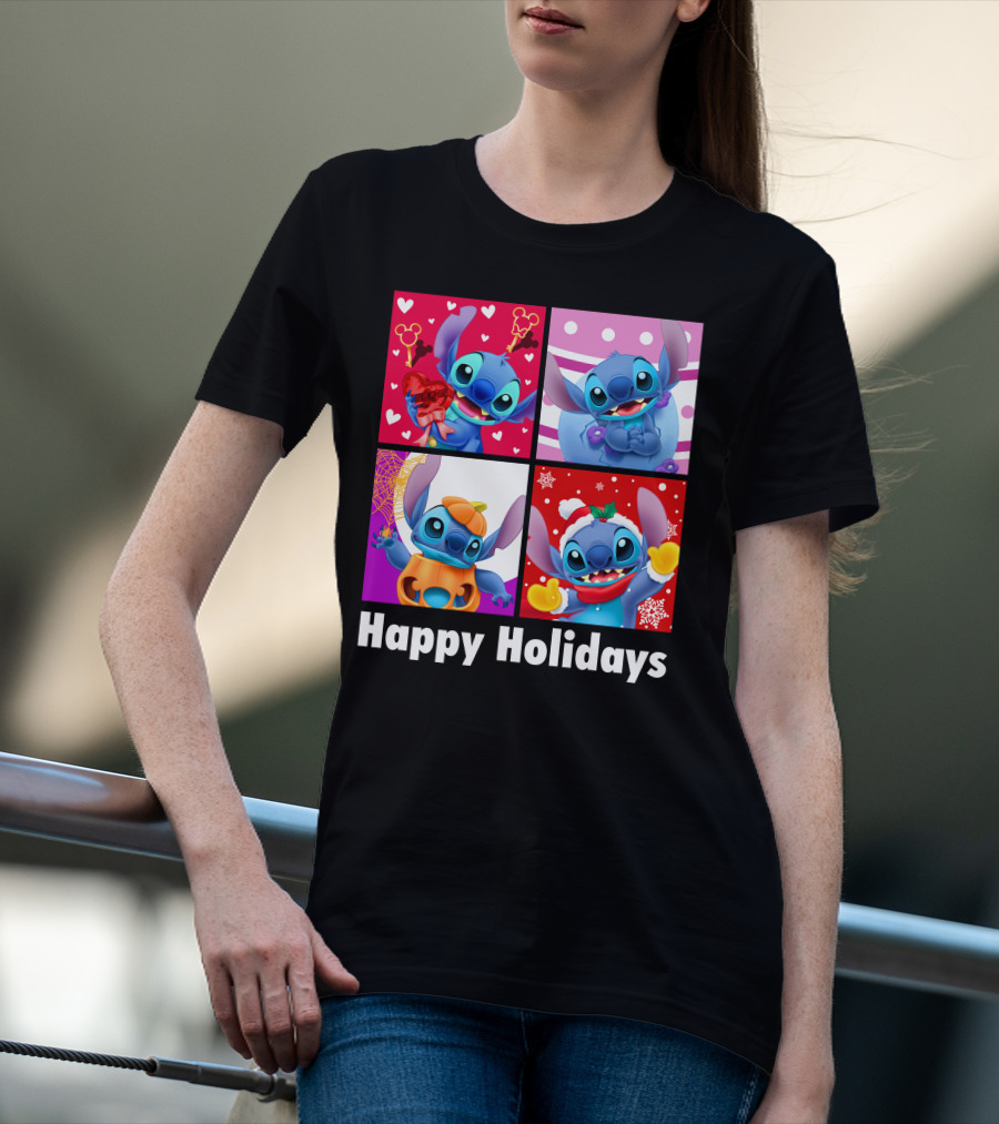 Happy Holidays Stitch Seasonal Mickey Hearts Christmas Pumpkin T-Shirt