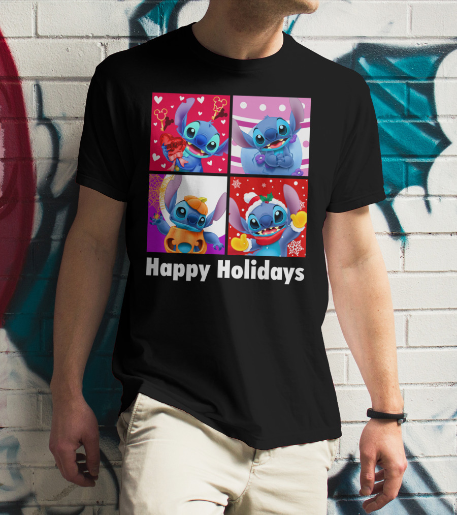 Happy Holidays Stitch Seasonal Mickey Hearts Christmas Pumpkin T-Shirt