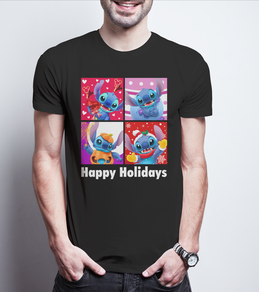 Happy Holidays Stitch Seasonal Mickey Hearts Christmas Pumpkin T-Shirt