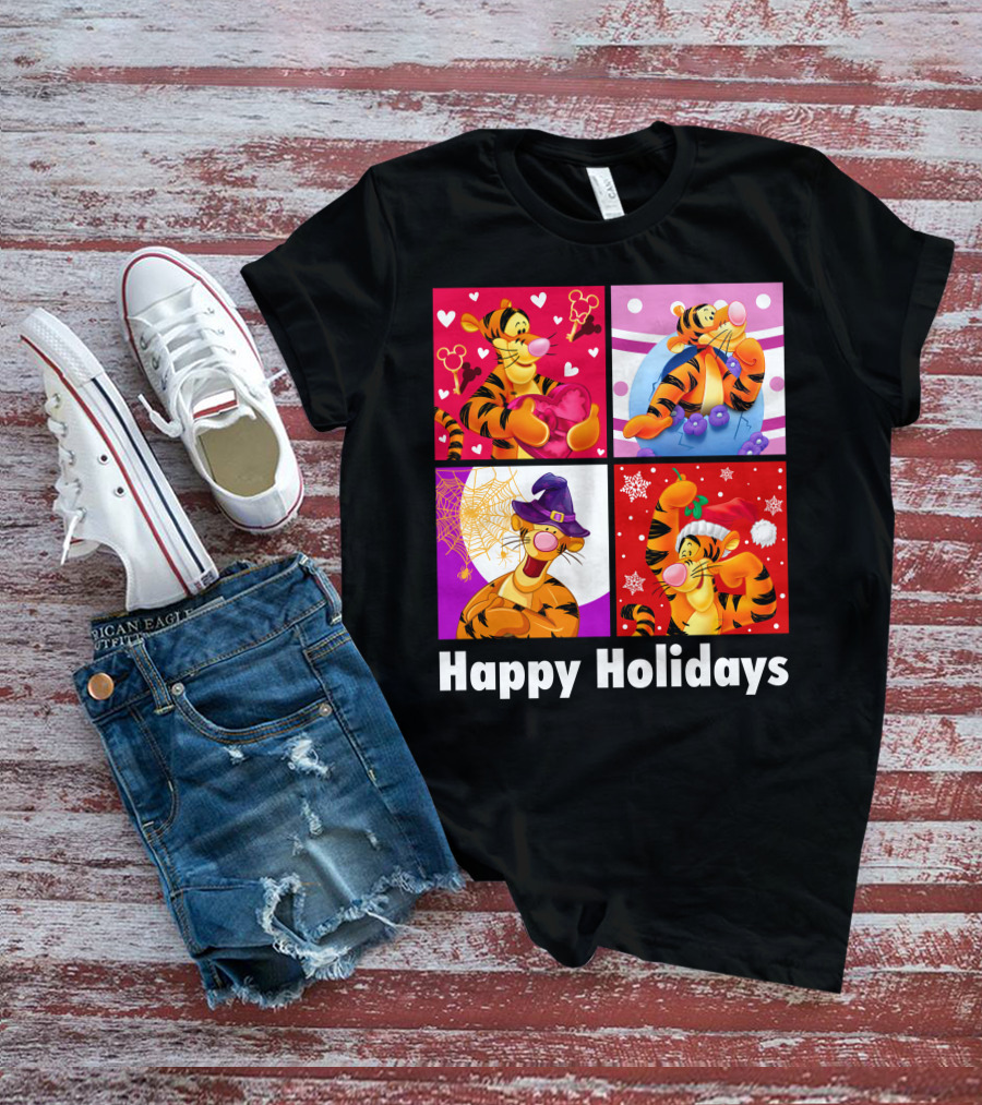 Happy Holidays Tigger Mickey Hearts Santa Halloween T-Shirt
