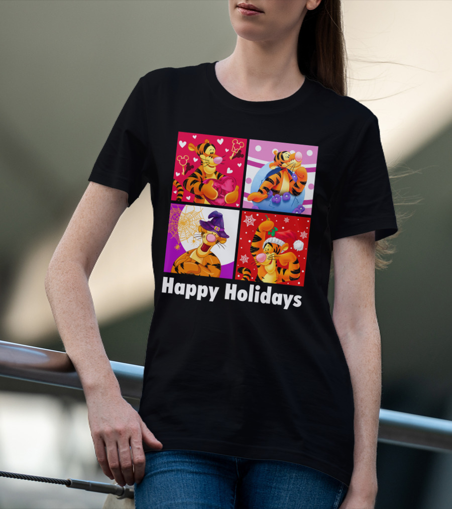 Happy Holidays Tigger Mickey Hearts Santa Halloween T-Shirt