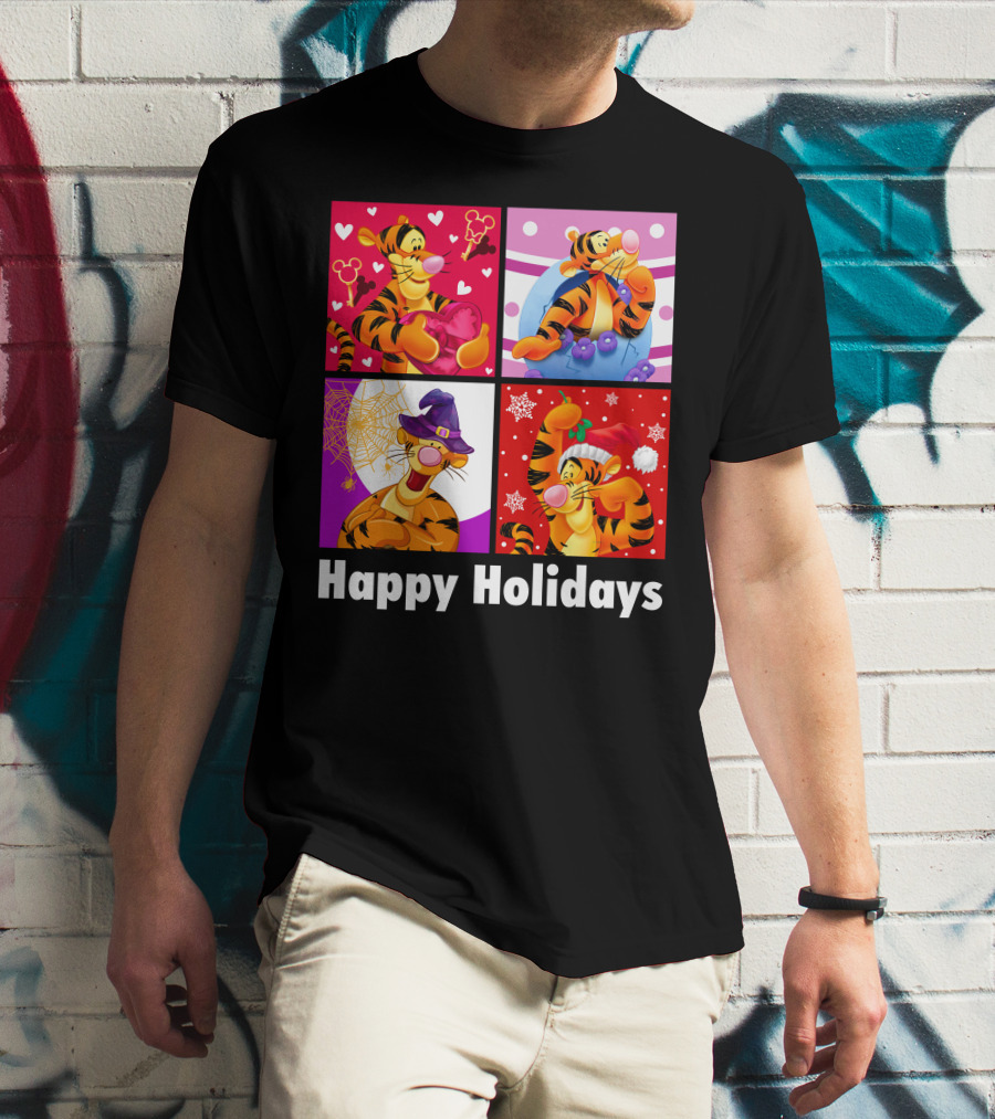 Happy Holidays Tigger Mickey Hearts Santa Halloween T-Shirt