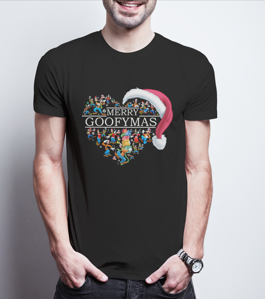 Merry Goofymas Santa Hat Heart Design With Goofy Characters T-Shirt