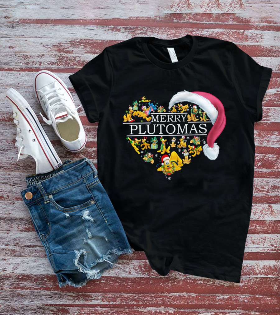 Merry Plutomas Heart With Santa Hat And Festive Pluto Characters T-Shirt