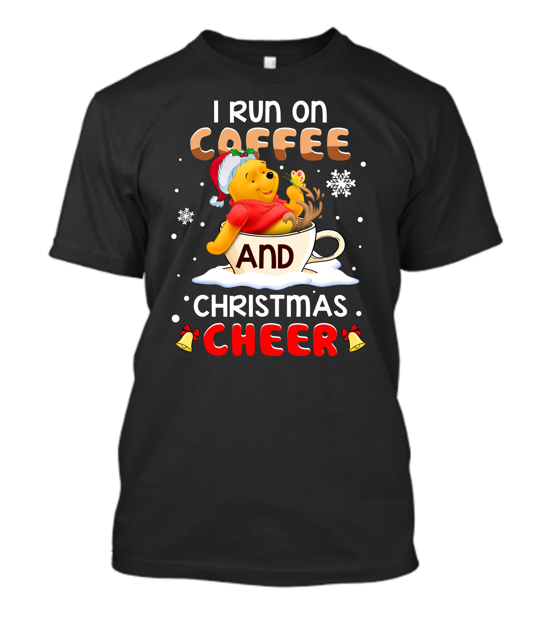 I Run On Coffee And Christmas Cheer Snowflakes Bells Santa Hat Cup Cartoon Bear T-Shirt