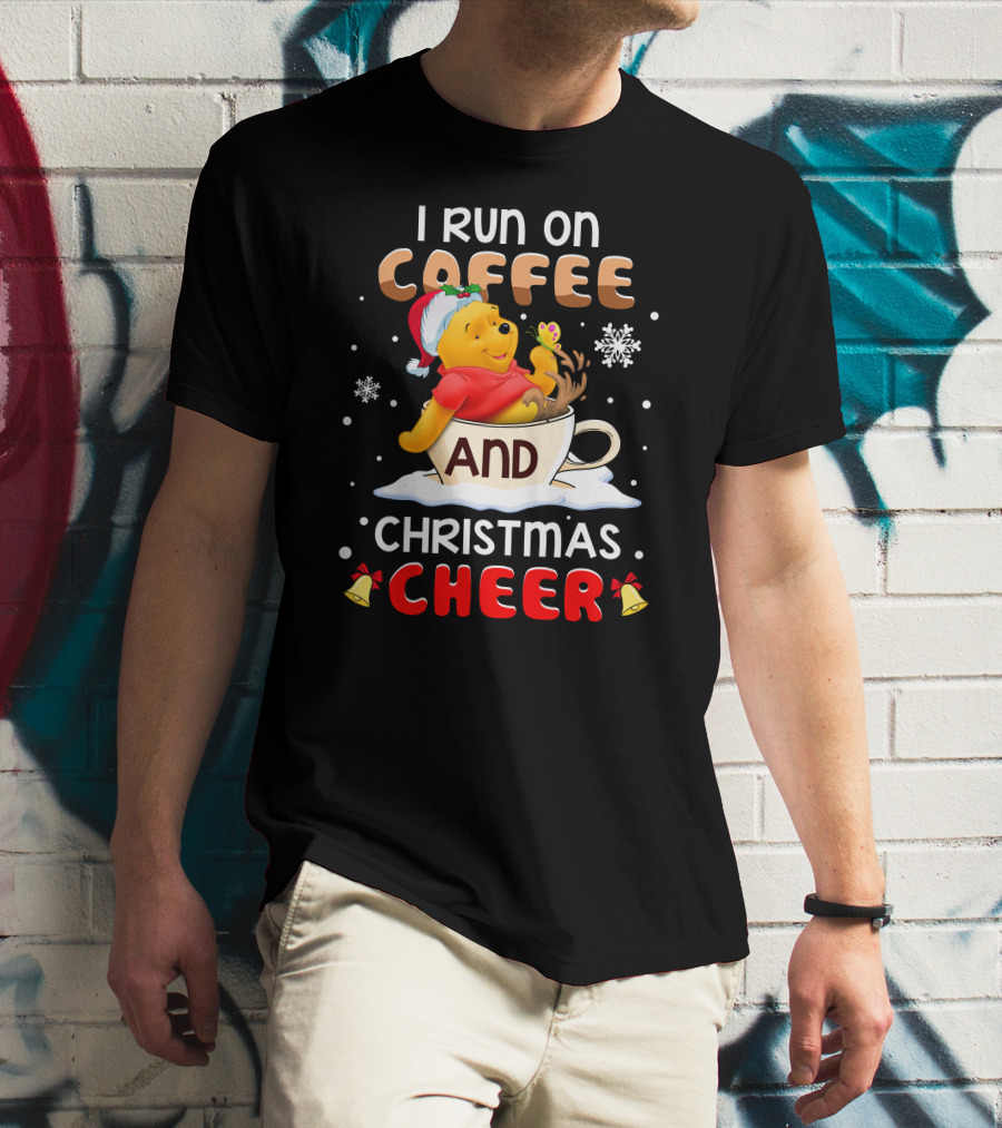 I Run On Coffee And Christmas Cheer Snowflakes Bells Santa Hat Cup Cartoon Bear T-Shirt