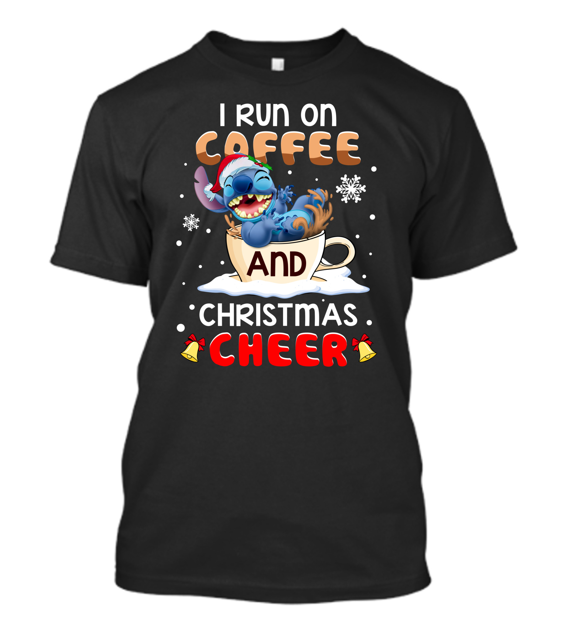 I Run On Coffee And Christmas Cheer Stitch Santa Hat Snowflakes Holiday T-Shirt