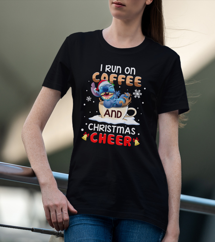 I Run On Coffee And Christmas Cheer Stitch Santa Hat Snowflakes Holiday T-Shirt