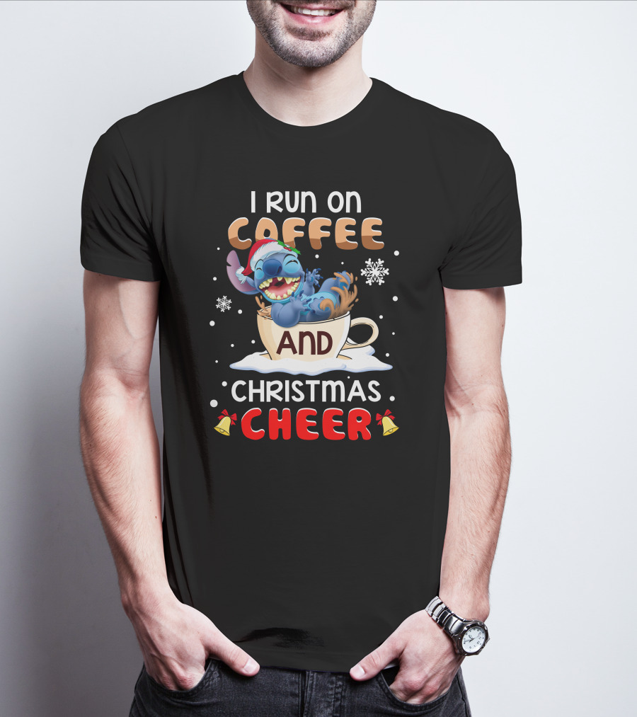 I Run On Coffee And Christmas Cheer Stitch Santa Hat Snowflakes Holiday T-Shirt