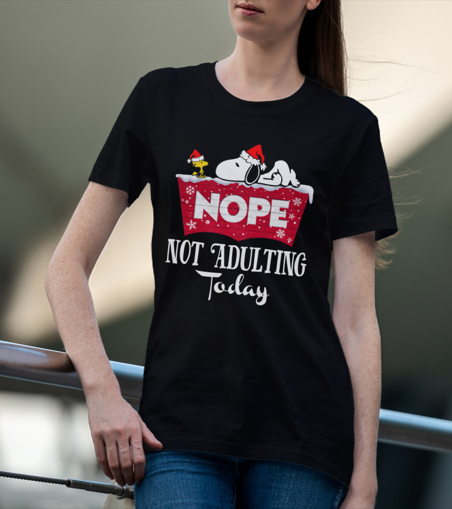 Snoopy Nope Not Adulting Today Christmas Santa Hat Snowflakes T-Shirt