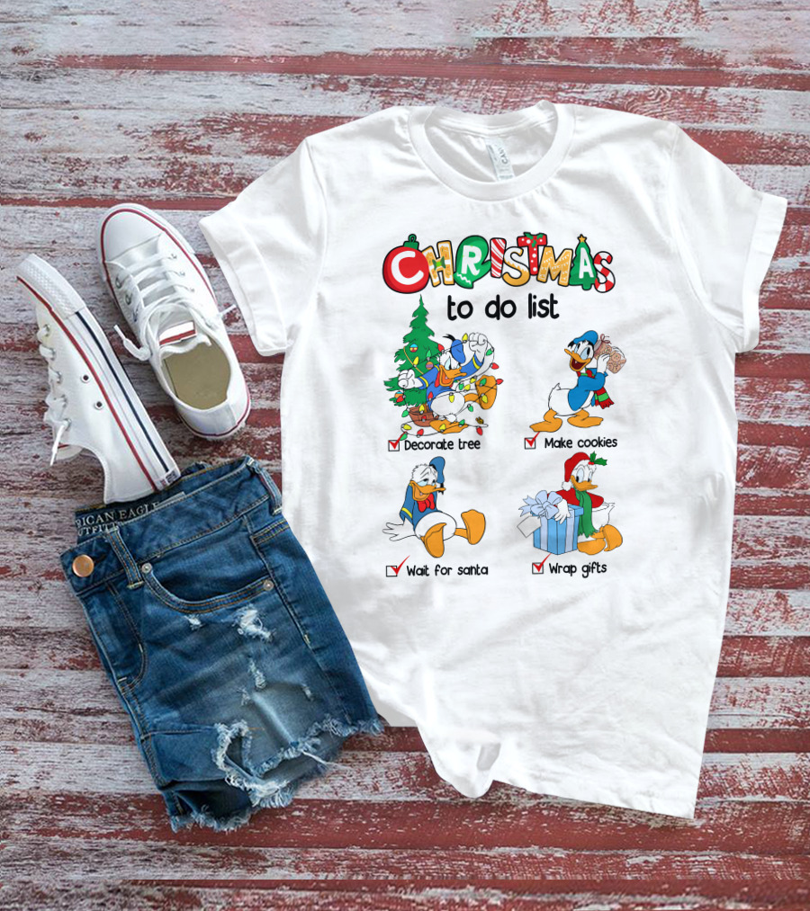 Christmas To Do List Donald Duck Decorate Tree Make Cookies Wait For Santa Wrap Gifts T-Shirt