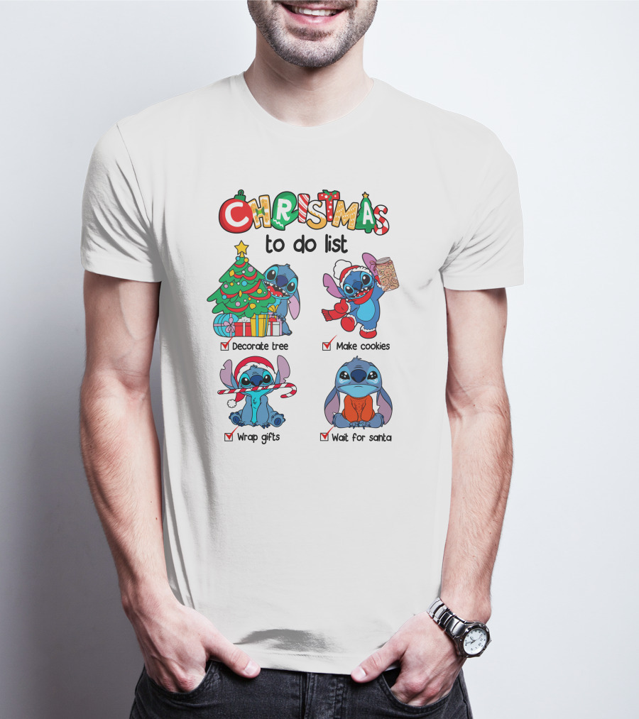 Christmas To Do List Decorate Tree Make Cookies Wrap Gifts Wait For Santa Stitch T-Shirt