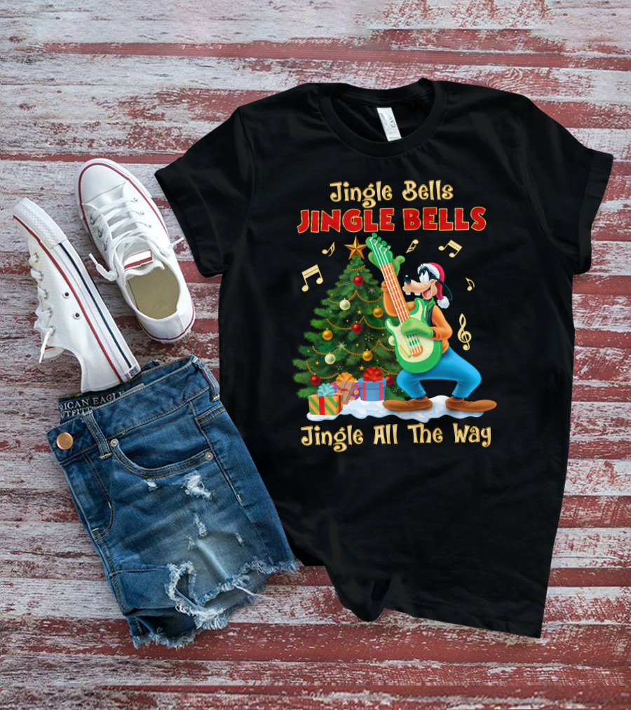 Jingle Bells Jingle Bells Jingle All The Way Goofy Christmas Tree Guitar T-Shirt