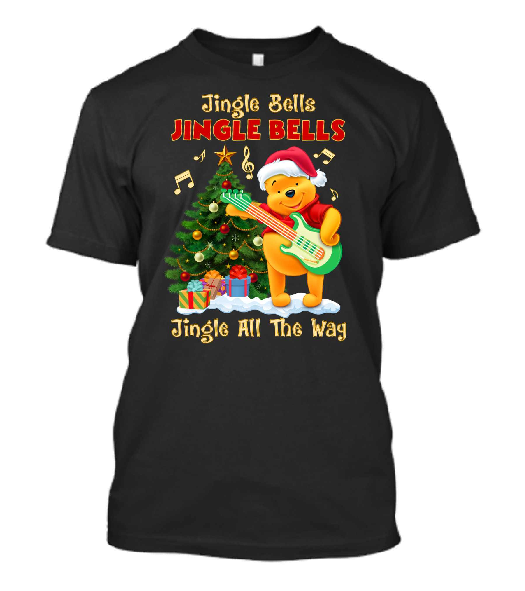 Jingle Bells Jingle Bells Jingle All The Way Christmas Tree Music Notes Pooh Santa Hat Guitar T-Shirt