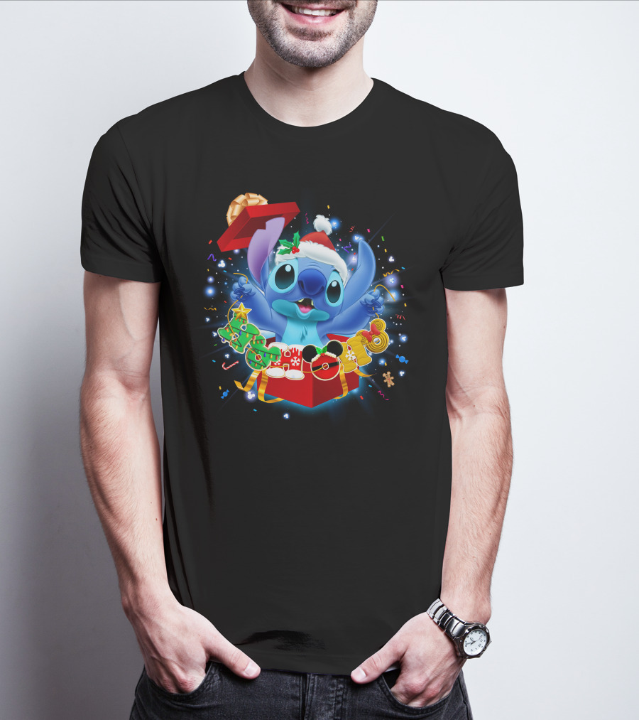 Stitch Christmas Celebration With Santa Hat And Festive Lights T-Shirt