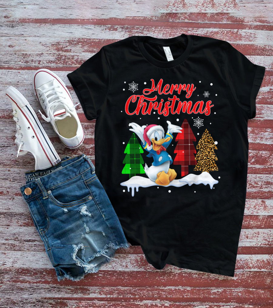 Merry Christmas Donald Duck With Festive Plaid And Leopard Trees T-Shirt