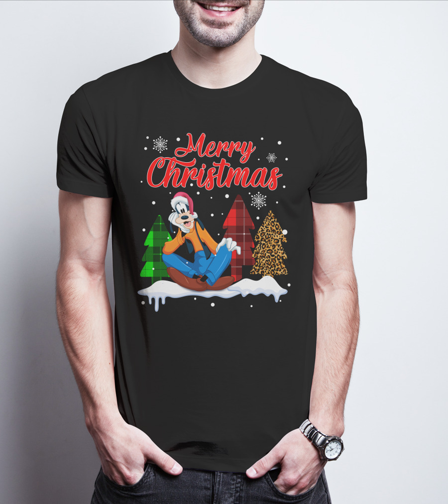 Merry Christmas Goofy With Plaid And Leopard Trees Snowflakes T-Shirt